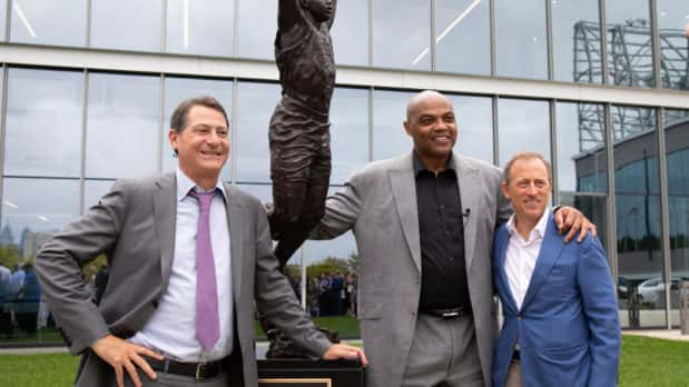 Sep 13, 2019; Philadelphia, PA, USA; Philadelphia 76ers great Charles Barkley (M) poses for a photo with managing partners David Blitzer (L) and Josh Harris (R) after the unveiling of a statue honoring him in a ceremony at the Philadelphia 76ers Training Complex. Mandatory Credit: Bill Streicher-USA TODAY Sports