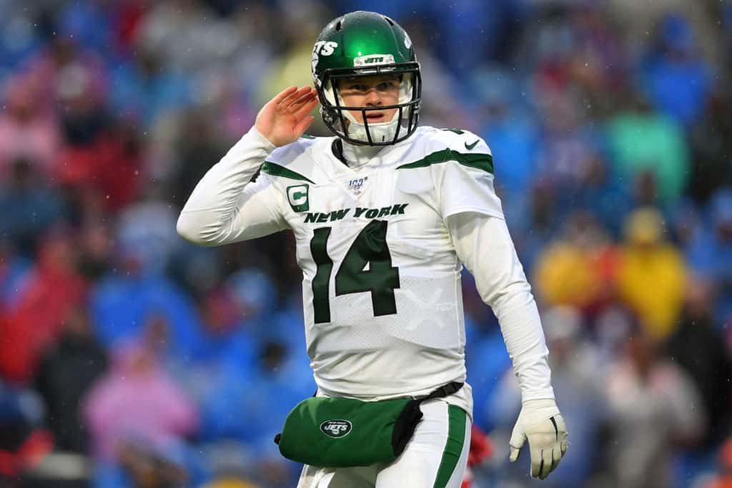 Dec 29, 2019; Orchard Park, New York, USA; New York Jets quarterback Sam Darnold (14) looks on against the Buffalo Bills during the fourth quarter at New Era Field. Mandatory Credit: Rich Barnes-USA TODAY Sports