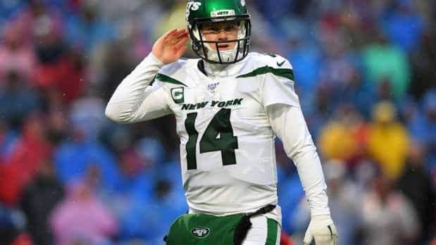 Dec 29, 2019; Orchard Park, New York, USA; New York Jets quarterback Sam Darnold (14) looks on against the Buffalo Bills during the fourth quarter at New Era Field. Mandatory Credit: Rich Barnes-USA TODAY Sports