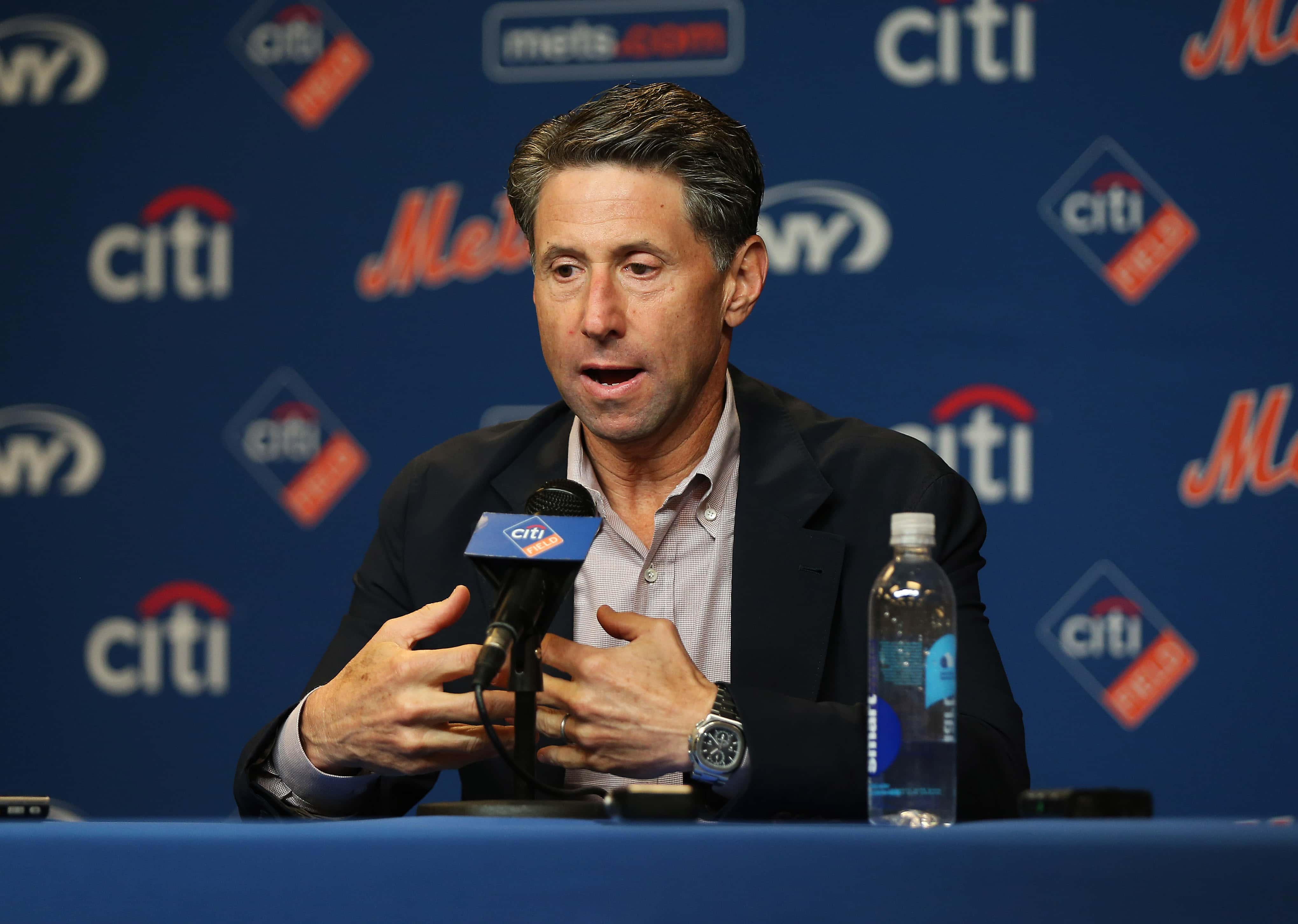 Sep 30, 2018; New York City, NY, USA; New York Mets chief operations officer Jeff Wilpon addresses the media during a press conference prior to a game against the Miami Marlins at Citi Field. Mandatory Credit: Andy Marlin-USA TODAY Sports