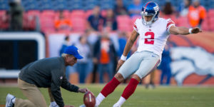 Oct 15, 2017; Denver, CO, USA; New York Giants kicker Aldrick Rosas (2) warms up before the game against the Denver Broncos at Sports Authority Field at Mile High. Mandatory Credit: Isaiah J. Downing-USA TODAY Sports
