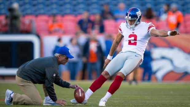 Oct 15, 2017; Denver, CO, USA; New York Giants kicker Aldrick Rosas (2) warms up before the game against the Denver Broncos at Sports Authority Field at Mile High. Mandatory Credit: Isaiah J. Downing-USA TODAY Sports