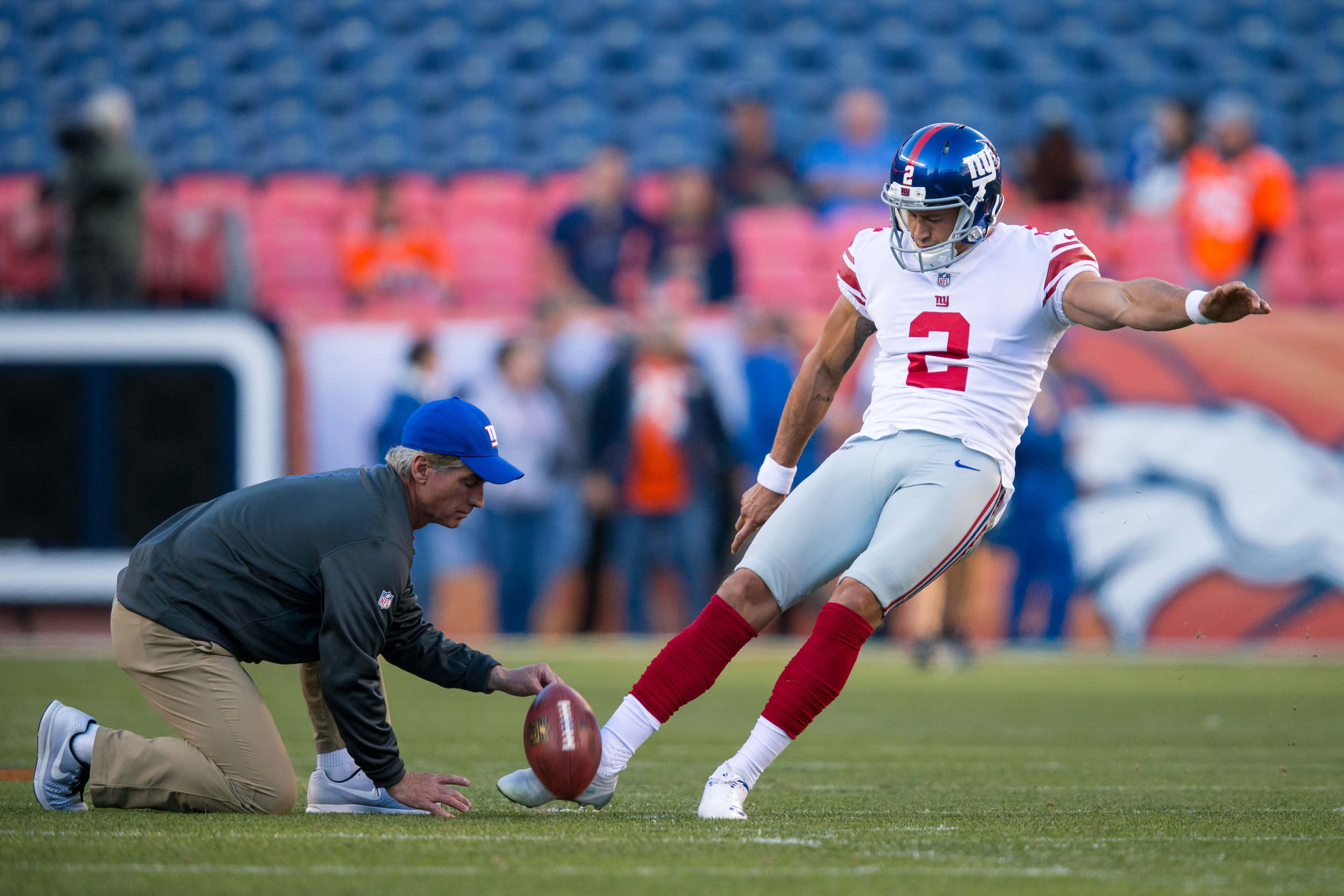 Oct 15, 2017; Denver, CO, USA; New York Giants kicker Aldrick Rosas (2) warms up before the game against the Denver Broncos at Sports Authority Field at Mile High. Mandatory Credit: Isaiah J. Downing-USA TODAY Sports