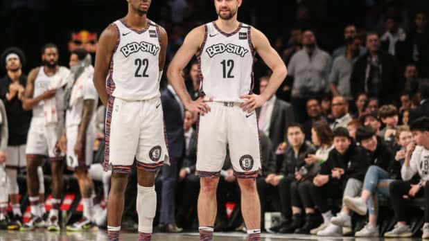 Mar 8, 2020; Brooklyn, New York, USA; Brooklyn Nets guard Caris LaVert (22) and forward Joe Harris (12) at Barclays Center. Mandatory Credit: Wendell Cruz-USA TODAY Sports