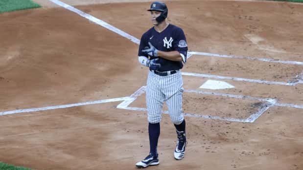 Jul 6, 2020; Bronx, New York, United States; New York Yankees right fielder Aaron Judge (99) at bat during an intersquad game during summer workouts at Yankee Stadium. Mandatory Credit: Vincent Carchietta-USA TODAY Sports