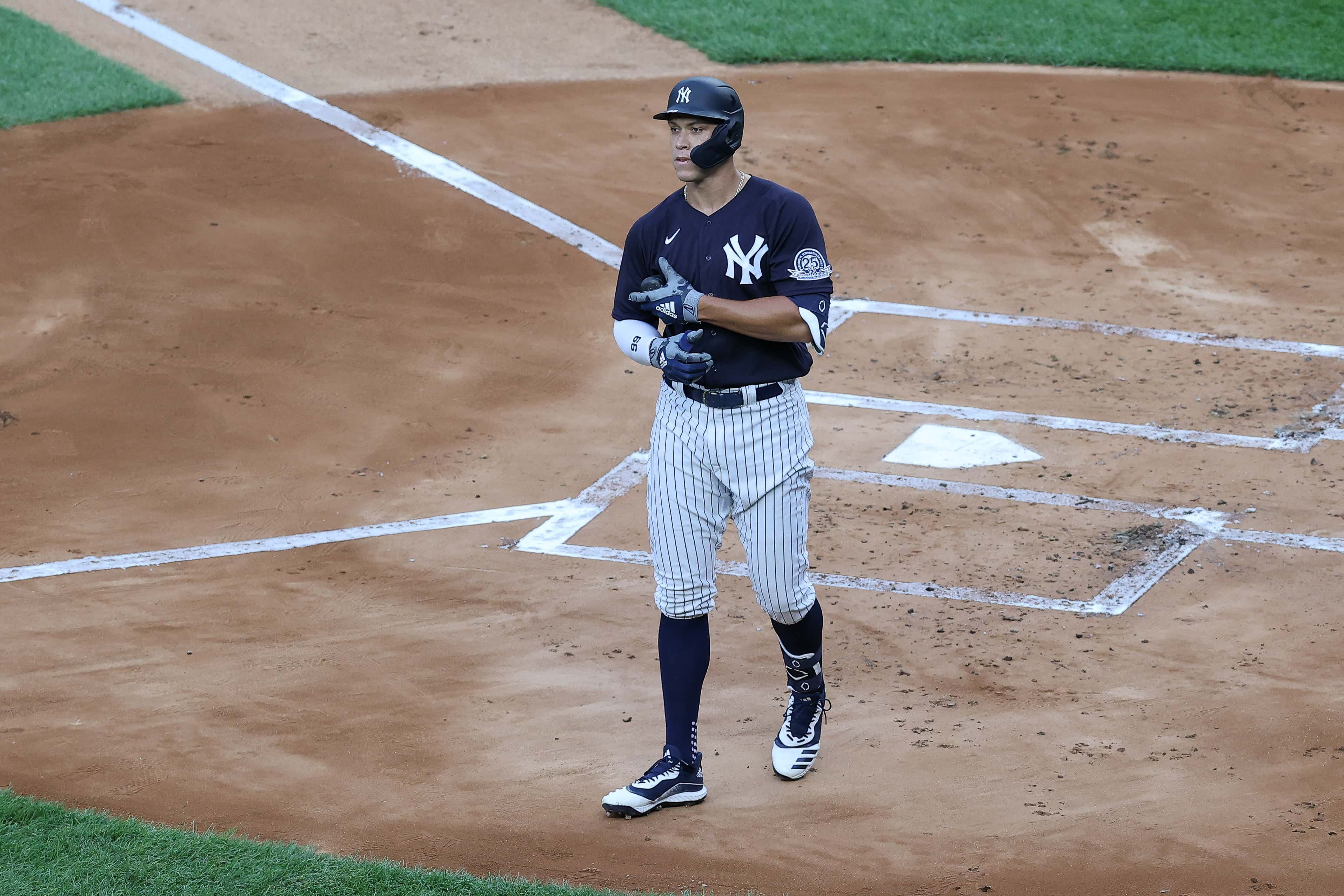 Jul 6, 2020; Bronx, New York, United States; New York Yankees right fielder Aaron Judge (99) at bat during an intersquad game during summer workouts at Yankee Stadium. Mandatory Credit: Vincent Carchietta-USA TODAY Sports