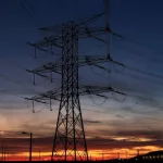Overhead power lines at sunset in Spain
