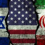 Israel^ United States and Iran flags on the textured wall^ political conflict concept background with clash. War^ trade^ diplomatic. USA negotiation