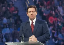 Florida Governor Ron DeSantis speaking at Lynchburg^ Virginia^ on April 14^ 2023.