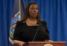 New York State Attorney General Letitia James delivers remarks on landmark victory in civil fraud trial against Donald Trump and the Trump Organization at 28 Liberty Street in New York on Feb 16^ 2024