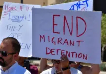 People demonstrating against children being held in the Clint^ Texas Border Patrol facility. Conditions there have been described as squalid^ inhumane and abusive. Clint^ Texas / USA - 29 June 2019