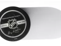 Official game puck from NHL^ National hockey league^ USA. MOTALA^ SWEDEN- 8 FEBRUARY 2022