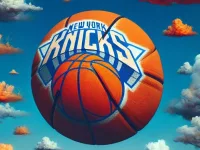 NY KNICKS LOGO on basketball floating in a AI GENERATED photo of clouds. Orange^ white and blue skies. Basketball theme. some clouds in the shape of basketballs^ some regular. New York knicks orange and blue colors
