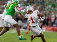 Ohio State running back Quinshon Judkins #1 escapes a tackle-attempt during the 2025 Rose Bowl game on Jan. 1^ 2024^ in Pasadena^ Calif.