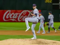 Cleveland Guardians pitcher Shane Bieber pitches against the Oakland Athletics on Opening Day at the Oakland Coliseum. Oakland^ California - March 28^ 2024