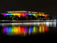 The Kennedy Center illuminated in a rainbow of colors in recognition of the upcoming Kennedy Center Honors. Washington^ DC / USA - November 19^ 2019