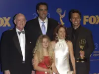 'Everybody Loves Raymond' stars PETER BOYLE (left)^ BRAD GARRETT^ MADYLIN SWEETEN^ PATRICIA HEATON & RAY ROMANO at the 55th Annual Emmy Awards in Los Angeles. Sept 21^ 2003