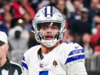Dallas Cowboys quarterback Dak Prescott (4) looks to throw the ball against the Atlanta Falcons on November 3^ 2024 at Mercedes-Benz Stadium. ATLANTA^ GA-NOV 3