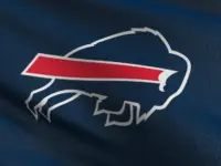 Buffalo Bill flag blowing in the wind. 3D rendering illustration of waving sign