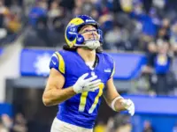 Los Angeles Rams wide receiver Puka Nacua #17 celebrates after the team defeated the Arizona Cardinals during an NFL football game at SoFi Stadium^ Dec. 28^ 2024^ in Inglewood^ Calif.
