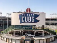 Chicago^ IL^ USA - October 9^ 2024: An aerial view of Major League Baseball's Chicago Cubs' Wrigley Field stadium in the Wrigleyville neighborhood of Chicago.