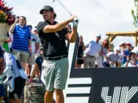 Brooks Koepka watches his shot during the LIV Golf Tournament held at the Trump National Golf Club in Bedminster^NJ. BEDMINSTER^NJ-AUGUST13^ 2023