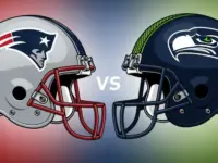 This content was generated by an Artificial Intelligence (AI) system. New England Patriots Helmet vs. Seattle Seahawk Helmet illustration