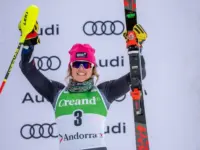 Paula MOLTZAN of USA on the podium during the trophy ceremony in Audi FIS Alpine Ski World Cup 2024 Slalom Discipline Women's on February 10^ 2024 in Soldeu^ Andor