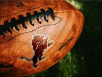 Detroit Lions NFL football Team Logo on the leather of American Football Ball NEW YORK^ USA^ FEBRUARY 11^ 2025