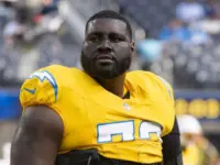 Los Angeles Chargers guard Mekhi Becton Sr. #73 warms up prior to an NFL football game against the Indianapolis Colts at SoFi Stadium^ Oct. 19^ 2025^ in Inglewood^ Calif.