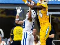 Indianapolis Colts Alec Pierce #14 during an NFL football game at SoFi Stadium^ Oct. 19^ 2025^ in Inglewood^ Calif.