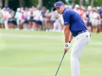 Bryson DeChambeau^ captain of Crushers GC^ chips on to the first green during the final round of LIV Golf Miami on April 6^ 2025 at Trump National Doral. DORAL^ FL - APR 6