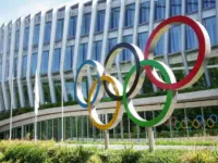 Headquarters International Olympic Committee. Olympic rings. Lausanne^ Switzerland - June 2022