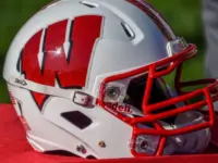 Chicago^ IL September 25^ 2021^ University of Wisconsin Badgers college football helmet^ red and white^ W logo^ American Football^ Big Ten