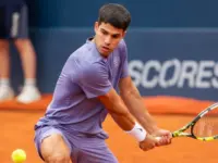 Pro tennis player Carlos Alcaraz on Tennis court at Conde de Godó tournament held in Barcelona. ATP 500. Barcelona^ ​​Spain- April 12^ 2025