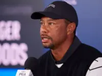 Tiger Woods of United States during press conference prior to the 2024 PGA Championship at Valhalla Golf Club on May 14^ 2024 in Louisville^ Kentucky.