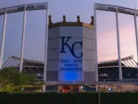 The front view at Kauffman Stadium^ home of the Kansas City Royals baseball team^ at dusk. Kansas City^ Missouri - July 14^ 2023