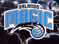 Orlando Magic basketball team badge lies on United States map background banner