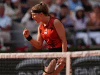 Professional tennis player Karolina Muchova of Czech Republic in action during women singles semi-final match against Aryna Sabalenka of Belarus at 2023 Roland Garros PARIS^ FRANCE - JUNE 8^ 2023