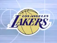 Los Angeles Lakers basketball team badge lies on basketball stadium map background banner