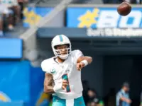 Miami Dolphins quarterback Tua Tagovailoa (1) in actions during an NFL football game against the Los Angeles Chargers^ Sept. 10^ 2023^ in Inglewood^ Calif.