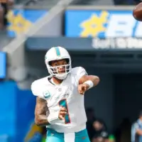 Miami Dolphins quarterback Tua Tagovailoa (1) in actions during an NFL football game against the Los Angeles Chargers^ Sept. 10^ 2023^ in Inglewood^ Calif.