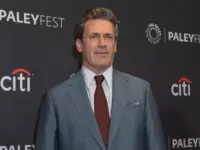 Jon Hamm arrives at the red carpet photocall for Apple TV's "Friends and Neighbors" during PaleyFest LA 2026 at the Dolby Theatre in Hollywood^ California on April 11^ 2026.