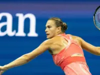 Aryna Sabalenka return ball during final match of women's singles tournament against Coco Gauff of USA at US Open Championships at Billie Jean King Tennis Center in New York on September 9^ 2023