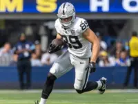 Las Vegas Raiders tie end Brock Bowers #89 runs the ball against the Los Angeles Rams in an NFL football game at SoFi Stadium^ Oct. 20^ 2024^ in Inglewood^ Calif.