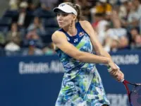 Elena Rybakina of Kazakhstan returns ball during 3rd round against Sorana Cirstea of Romania at the US Open Championships at Billie Jean King Tennis Center in New York on September 1^ 2023