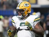 Green Bay Packers running back Josh Jacobs #8 warms up prior to an NFL football game against the Los Angeles Rams at SoFi Stadium^ Sunday^ Oct. 6^ 2024^ in Inglewood^ Calif.