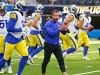 LA Rams head coach Sean McVay warms up prior to an NFL football pre-season game against the LA Chargers at SoFi Stadium^ Saturday^ Aug. 17^ 2024^ in Inglewood^ Calif