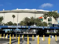 A path leads to the entrance of Tropicana Field^ a domed baseball stadium in St Petersburg^ Florida and home to the Tampa Bay Rays St Petersburg^ FL^ USA May 2^ 2024