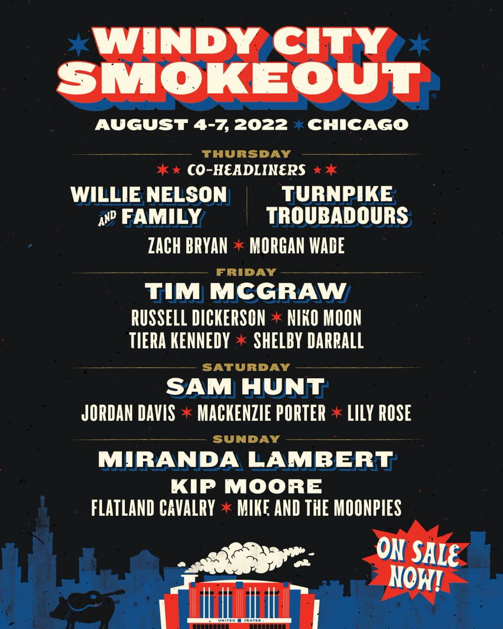 Windy City Smokeout Full Lineup for 2022: Sam Hunt, Tim McGraw, Miranda Lambert, Willie Nelson, Kip Moore
